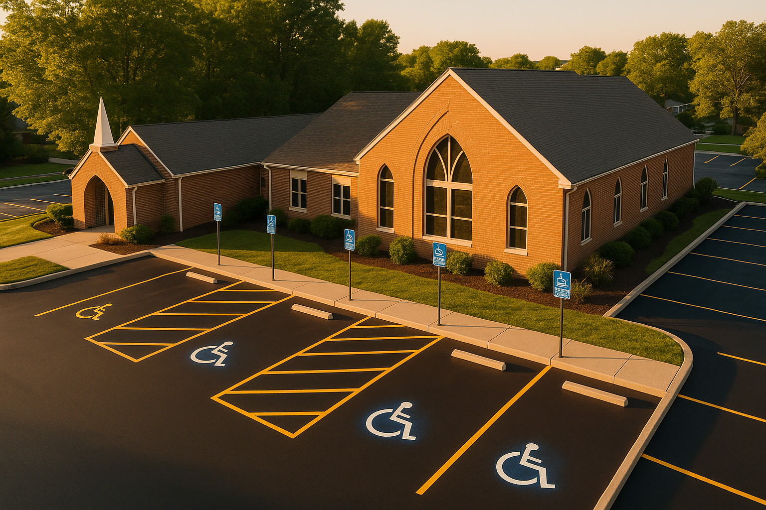Drone view of a suburban church lot with accessible stalls, ISA signs, sealcoat sheen, and Van Accessible signage at golden hour.