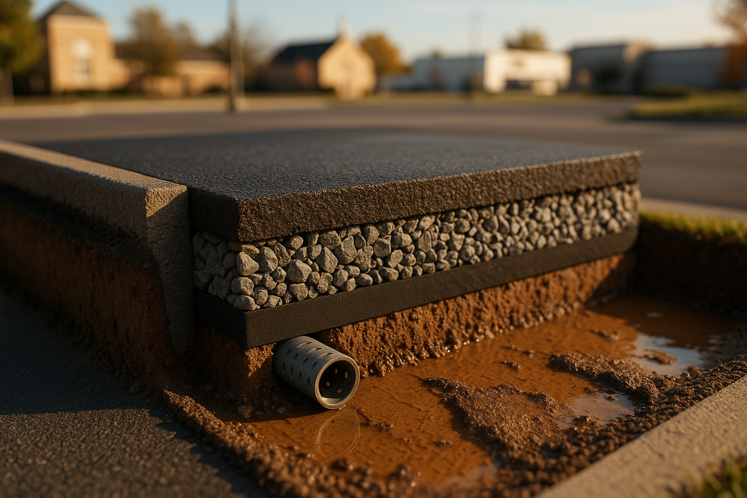 Cutaway pavement diorama showing asphalt, compacted INDOT #53 base, geotextile, and clay subgrade in warm daylight.