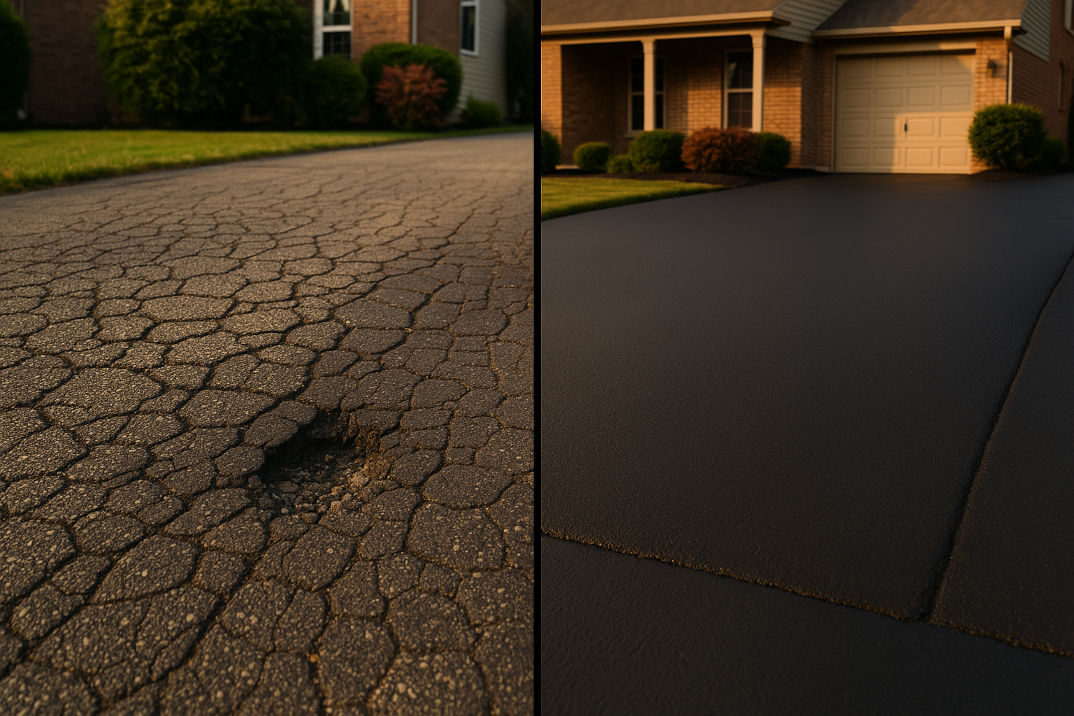 Split-frame: extensive alligator cracking (left) vs full-depth patched and sealcoated driveway (right) in warm golden hour suburban setting.