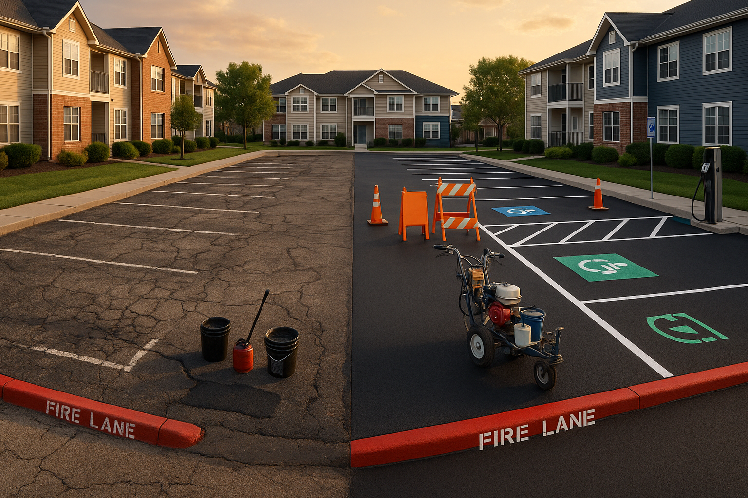 Wide golden-hour view of Indy-area apartment lot showing cracked asphalt, sealcoat contrast, fresh striping, ADA stall, EV charger, and tools.