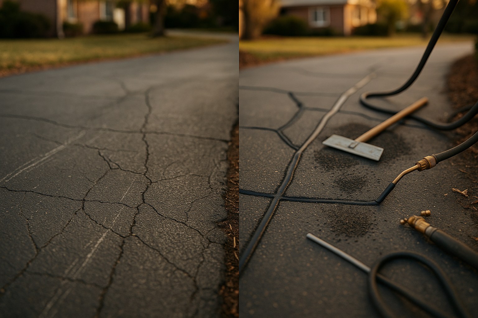 Split-frame Broad Ripple driveway at golden hour showing pre-repair cracks and neat rubberized sealant, tools and equipment on pavement.