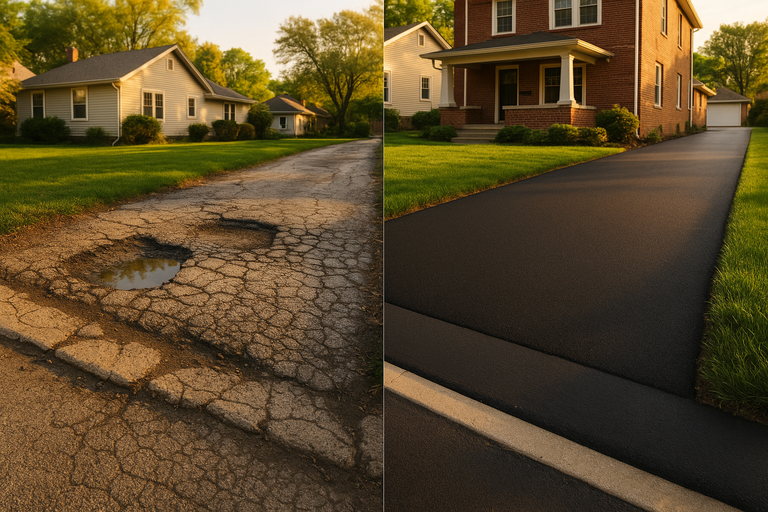 Split before-and-after driveway: potholes and cracking left, fresh asphalt resurfaced right, warm golden-hour, Broad Ripple homes.