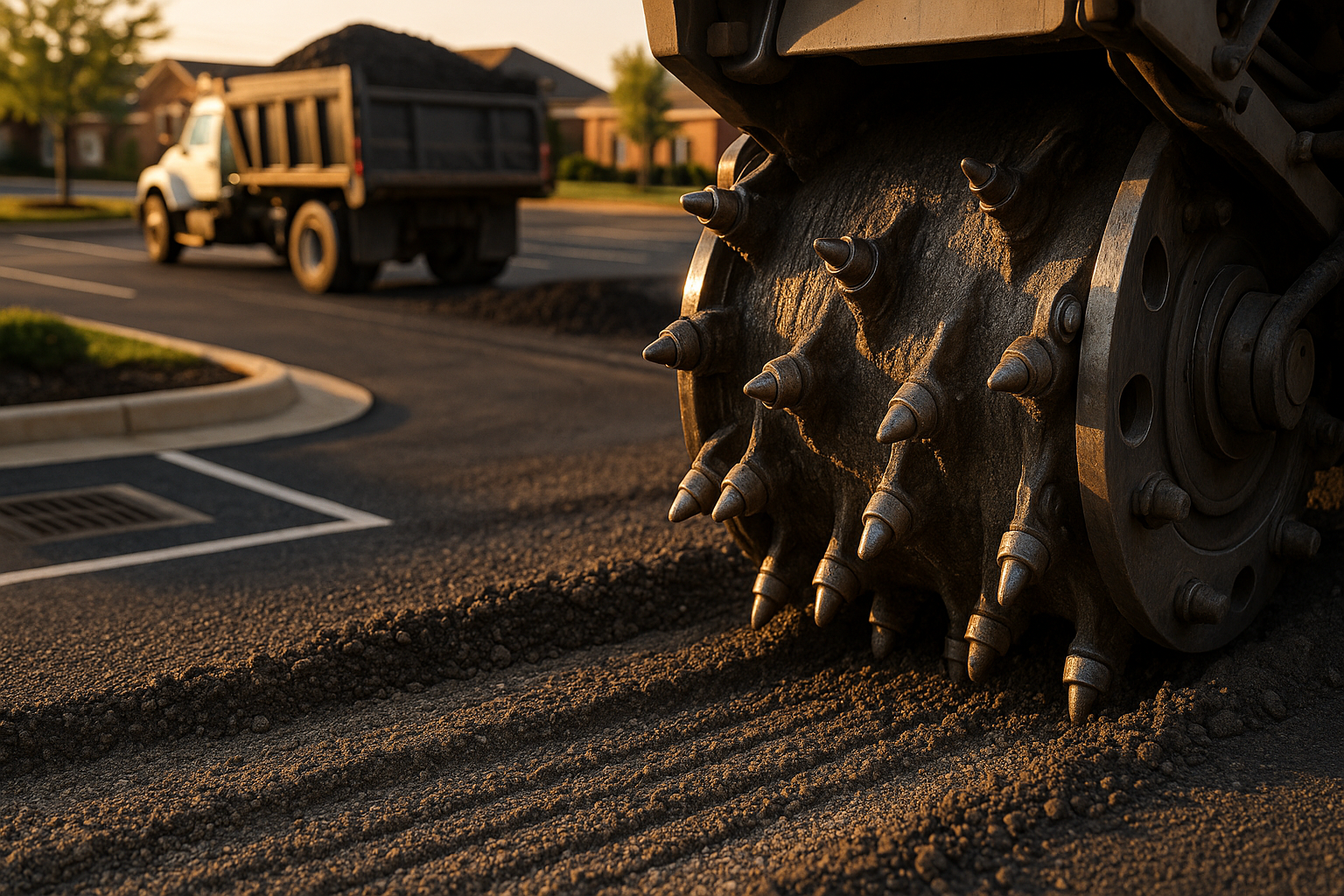 Close-up milling drum cutting asphalt; textured 1–2 inch grooves, dump truck and paver in suburban parking lot at golden hour.