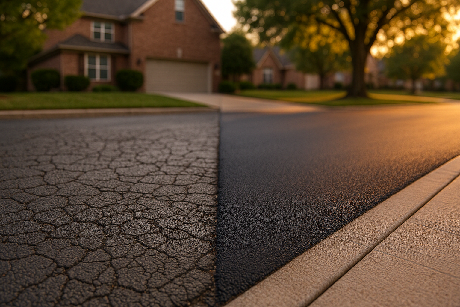 Split-view driveway: left eggshell cracked asphalt, right smooth fresh overlay, golden-hour light, curb and trees.
