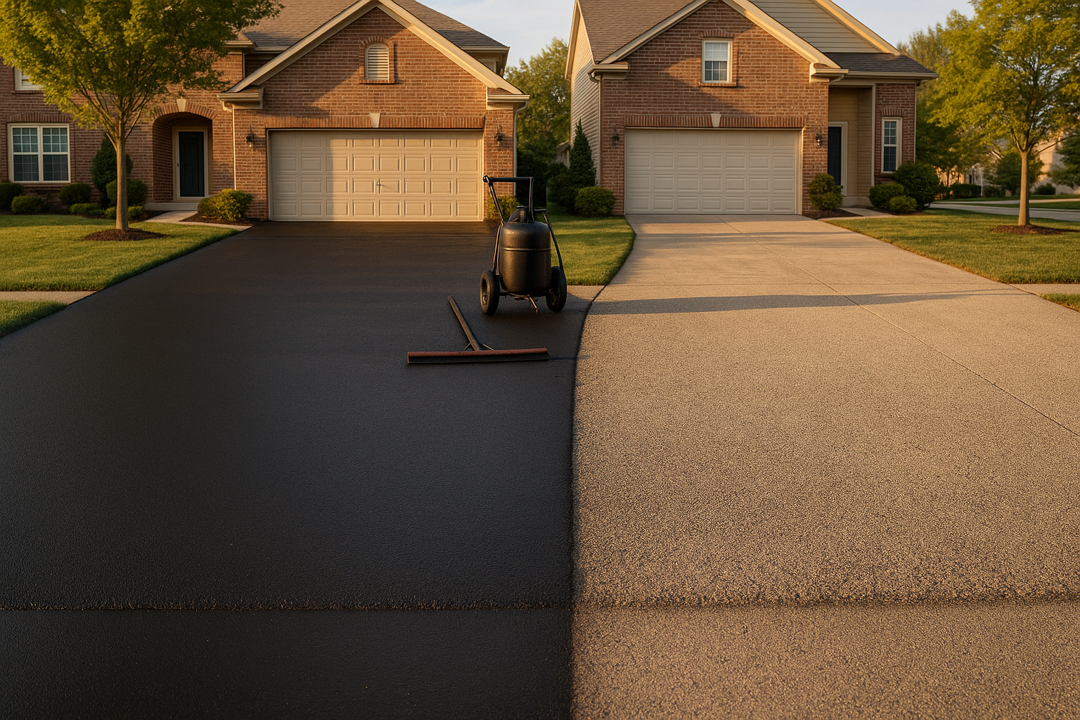 Side-by-side driveway: fresh black sealcoat left, oxidized gray asphalt right, warm golden-hour light, tools staged, suburban setting.