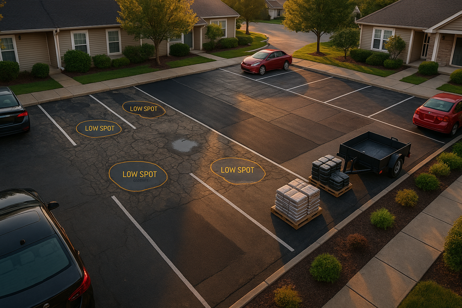 Overhead golden-hour view of residential lot with phased repair zones, marked low spots and staged sealcoating, no people.