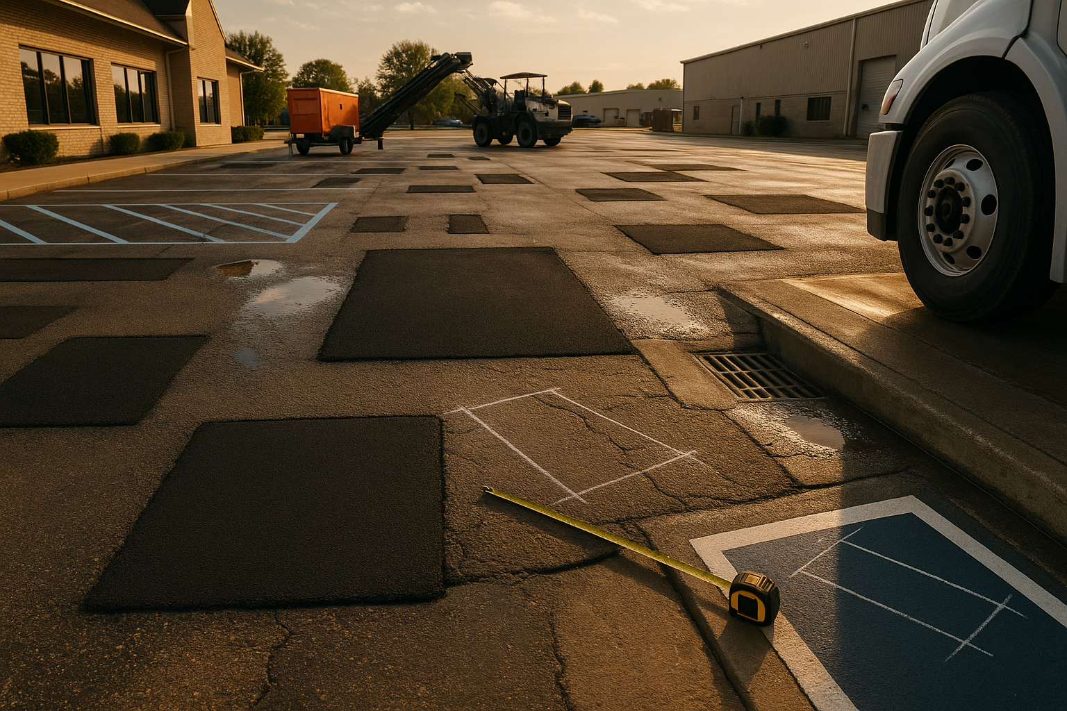 Wide golden-hour parking lot showing multiple asphalt patches, hot-mix contrasts, saw-cut repairs, staged equipment and ADA striping.