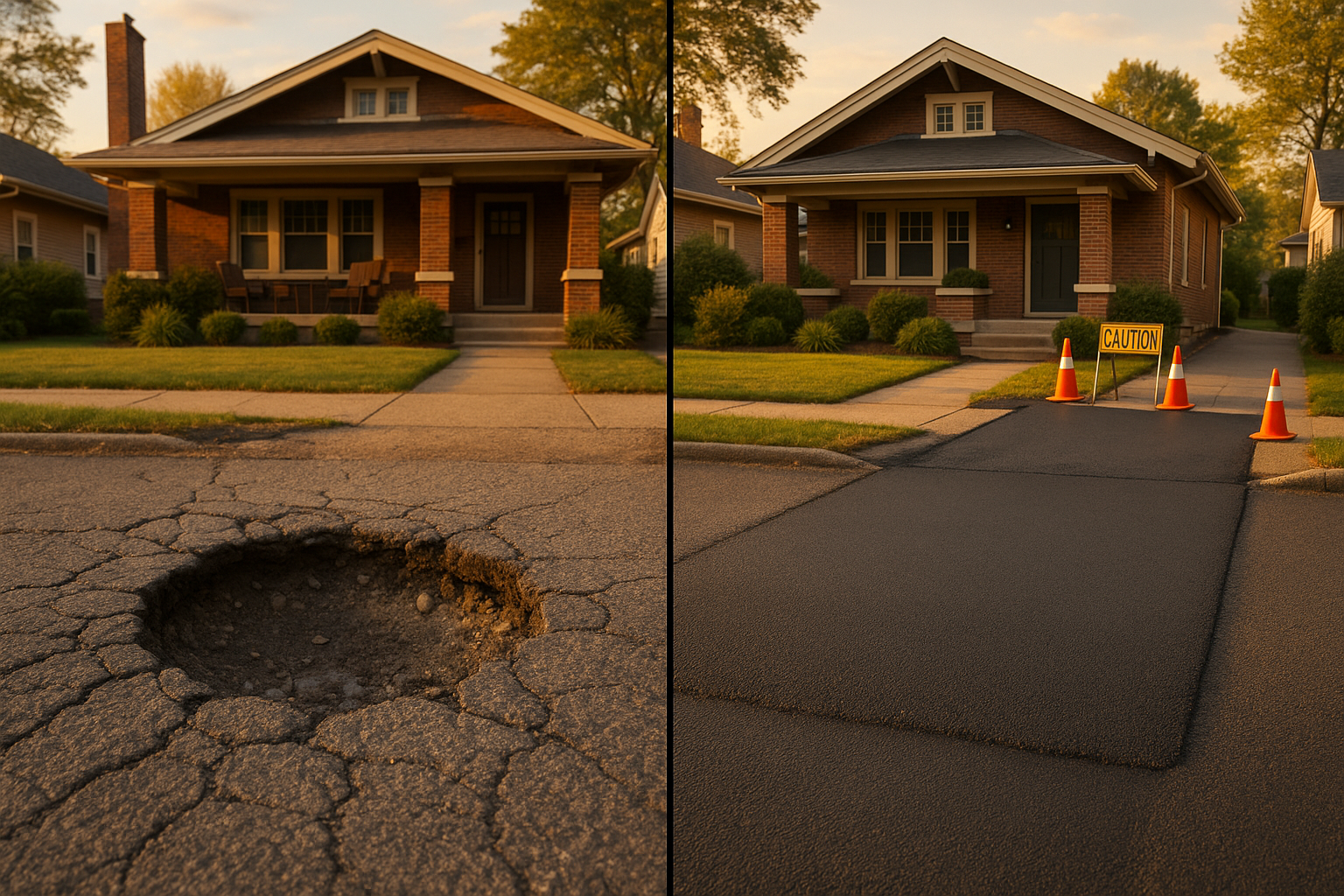 Split view: cratered pothole (left) and seamless infrared-blended repair (right) on bungalow driveway at golden hour.
