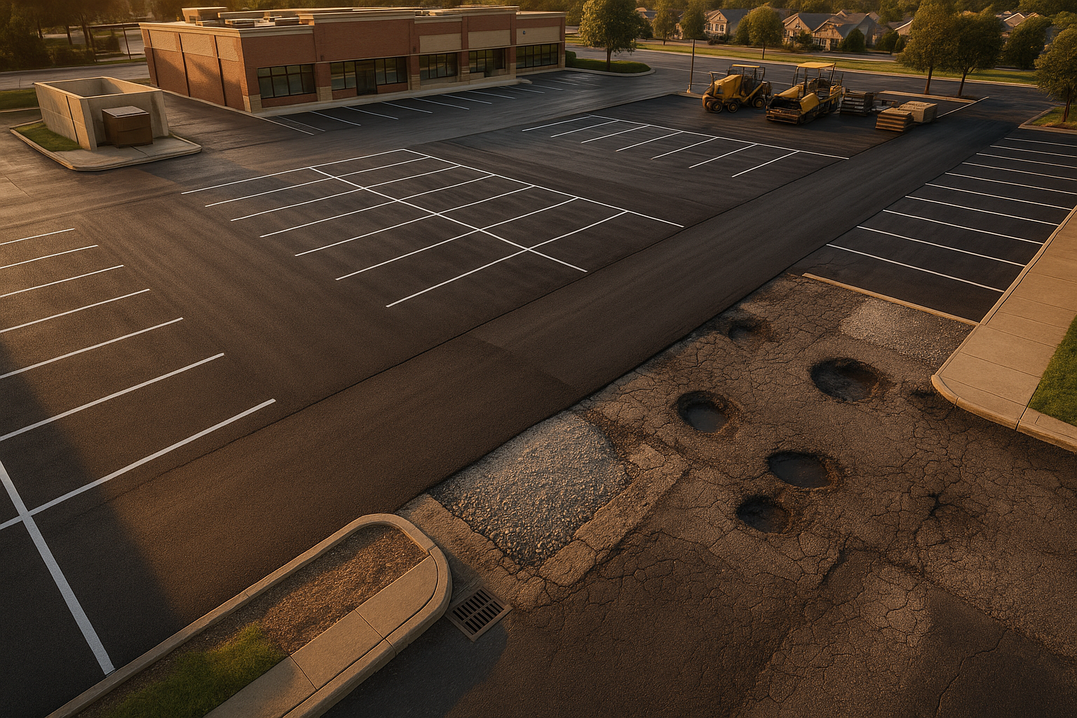Aerial golden-hour strip mall lot showing distinct pavement zones, exposed INDOT #53 base, milled seam, drainage, and staged paving.