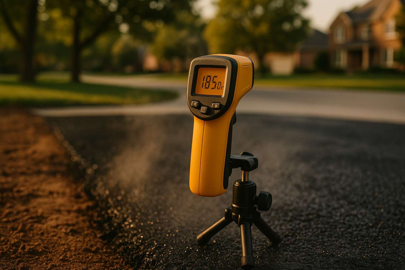Close-up infrared thermometer over hot asphalt mat (~185°F), steam shimmer, golden-hour suburban driveway, clay soil edge.