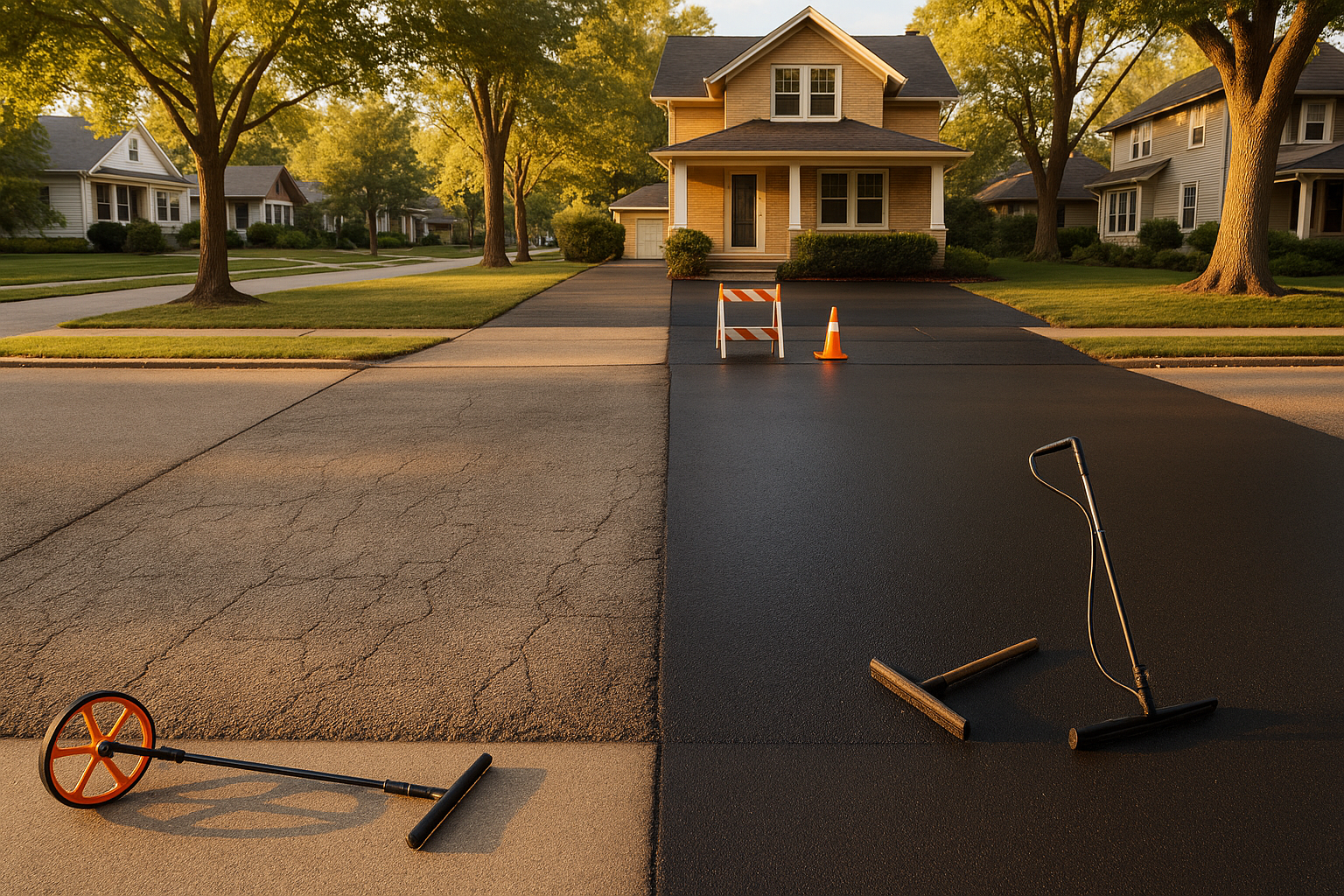 Split before-and-after driveway: left oxidized gray, right satin-black sealed, cones, measuring wheel, tree-lined Indianapolis street, golden hour.