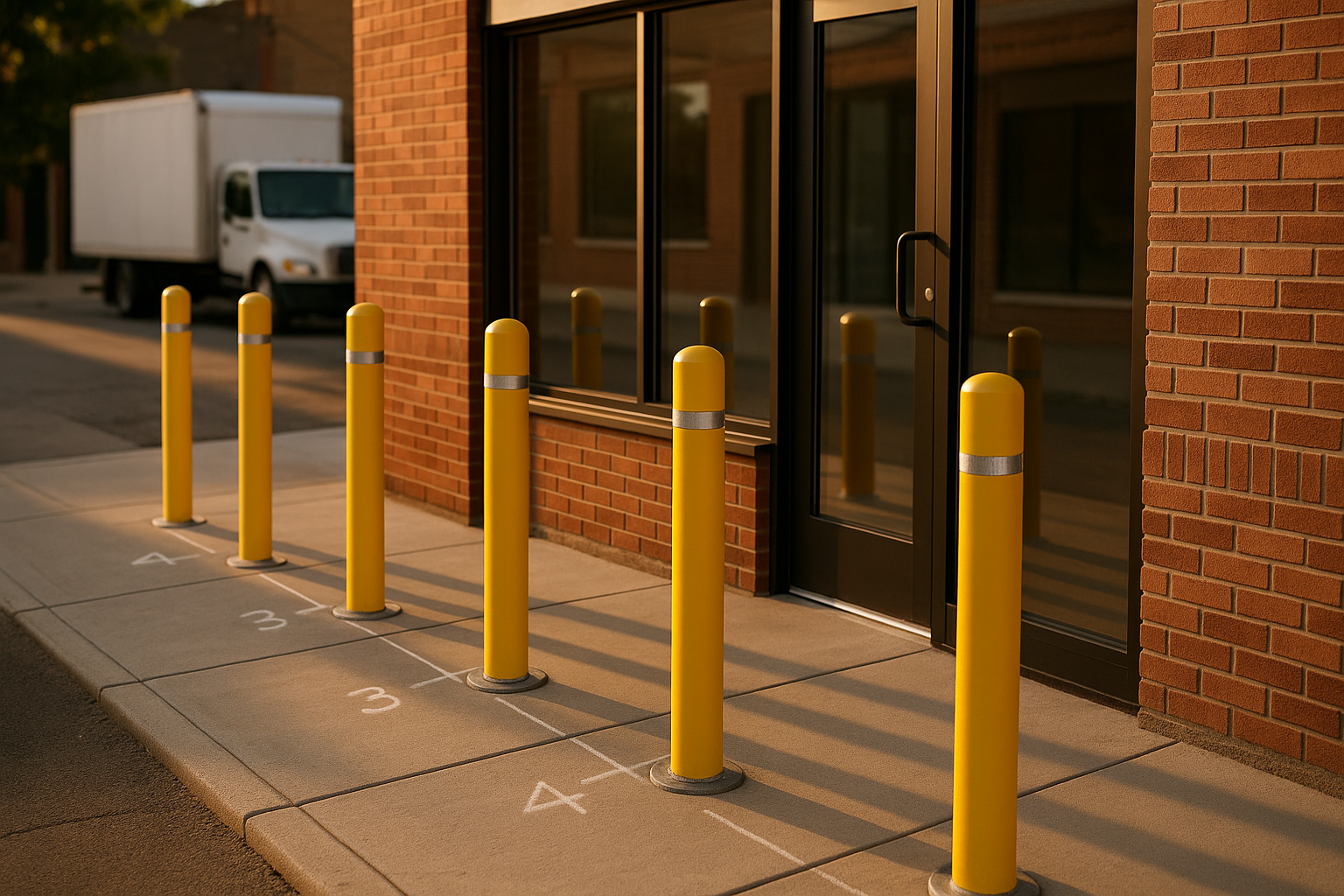 Golden-hour storefront with galvanized and yellow-sleeved bollards protecting glass, spray-painted spacing marks, truck in background.