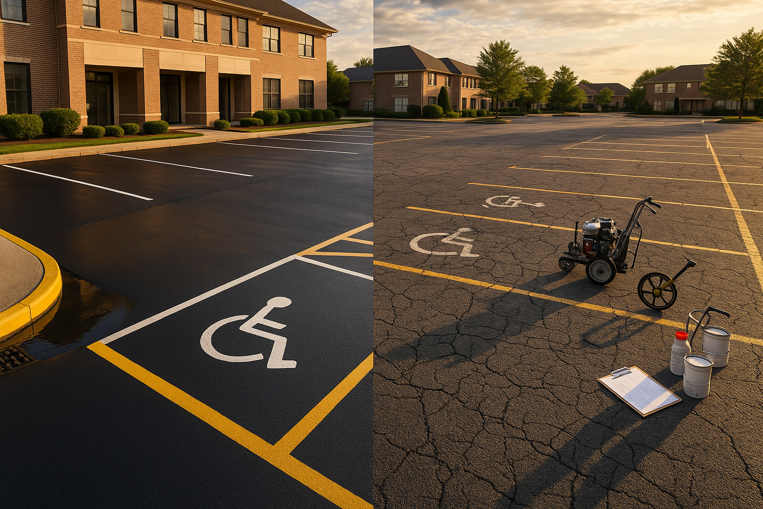 Split parking lot: half freshly sealed and striped, half untreated with cracks, golden-hour suburban setting.