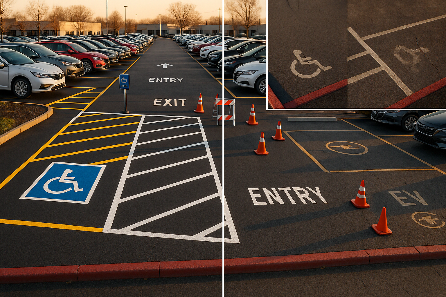 Wide Indianapolis-area dealership lot at golden hour with fresh high-contrast stripes, faded vs new inset, ADA stall, EV marking, red fire-lane curb.