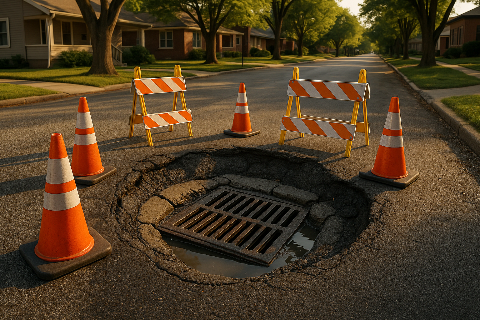Golden-hour wide view of sunken asphalt and pooled water around a cracked catch basin collar in an Indianapolis parking lot.