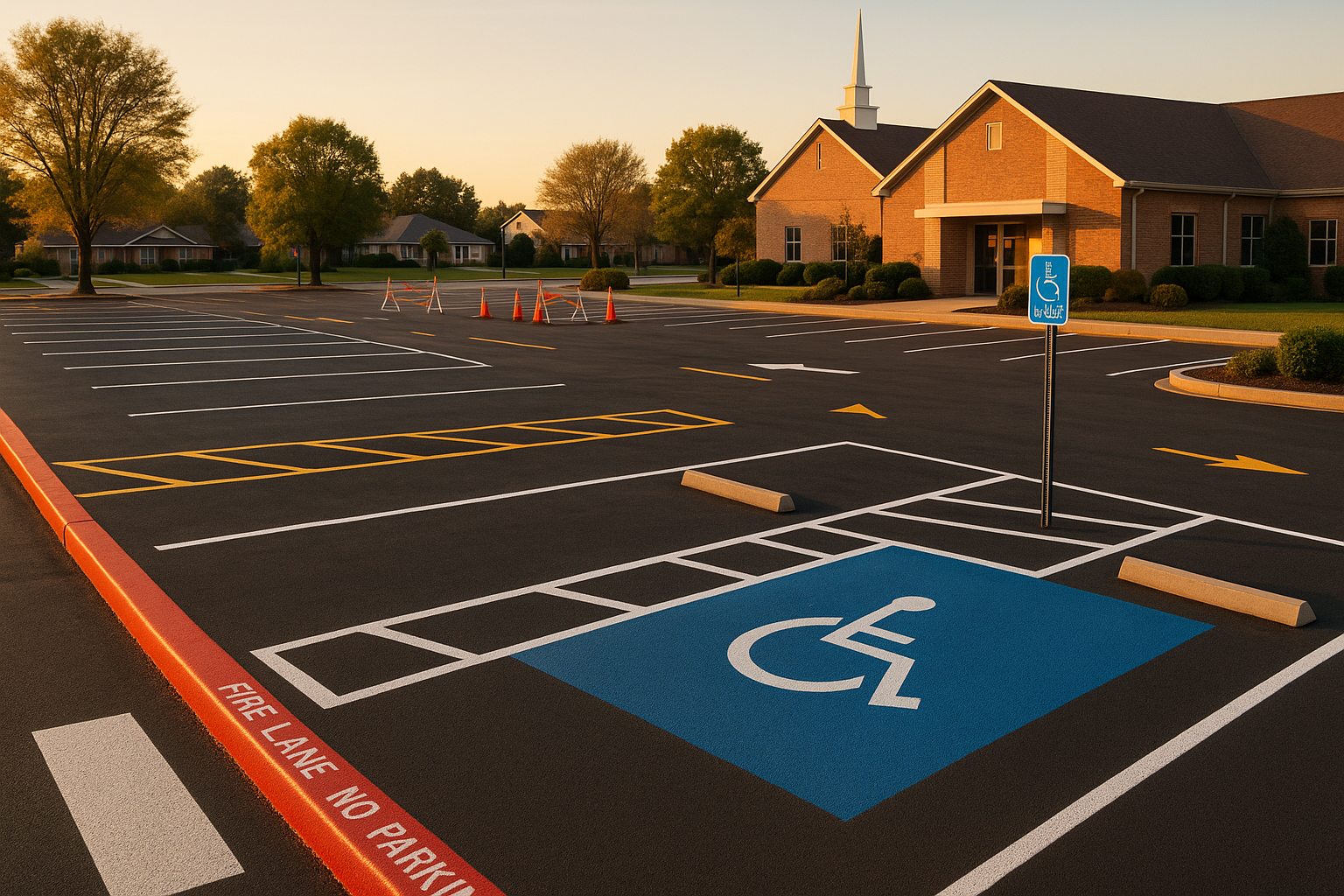 Wide golden-hour view of Indianapolis church parking lot with crisp striping, blue ADA stall, red fire-lane curb, cones, and church facade.