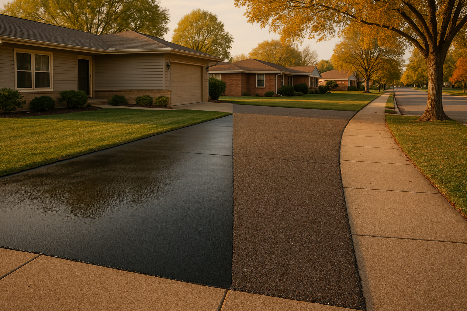 Split driveway: left glossy coal tar sealcoat, right matte polymer-modified emulsion, golden-hour suburban street.