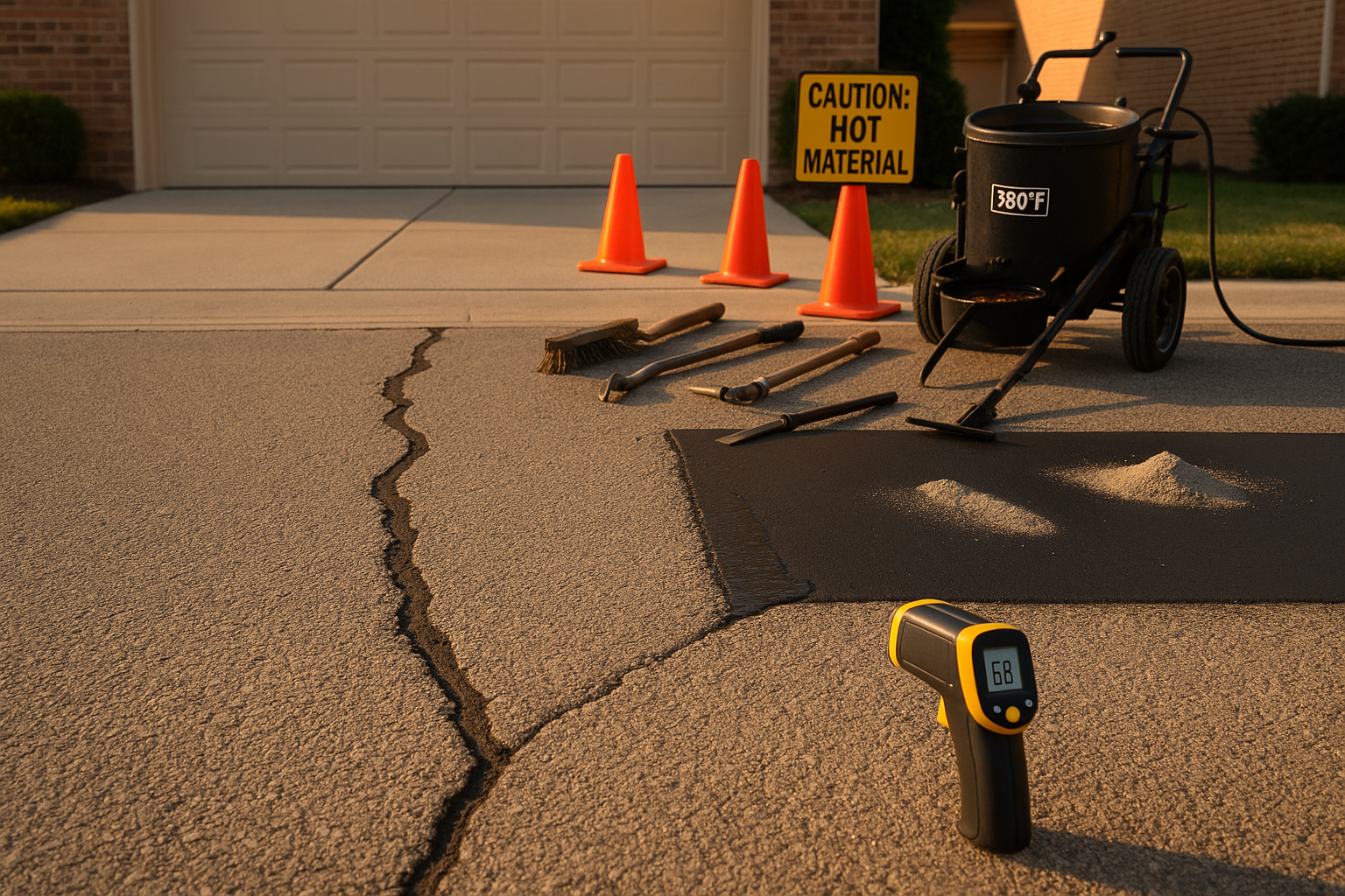 Golden-hour driveway close-up with jagged asphalt cracks, infrared thermometer display, hot-pour melter, cones, routed channel and sealed overband.