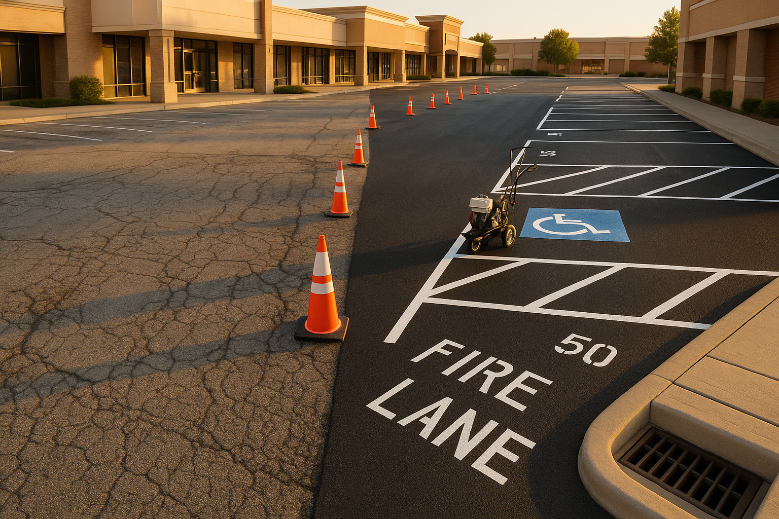 Split before-and-after lot: faded gray asphalt vs deep-black two-coat sealcoat, crisp ADA markings, golden-hour light, staged equipment.