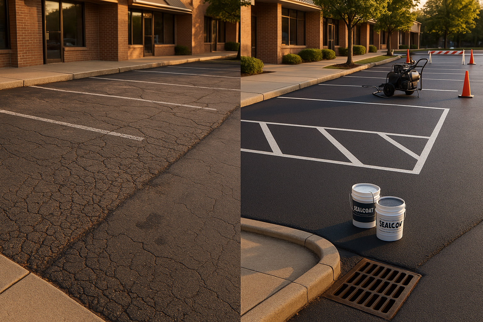 Split view: cracked, stained lot vs professionally sealed lot with sand additive and crisp striping at golden hour.