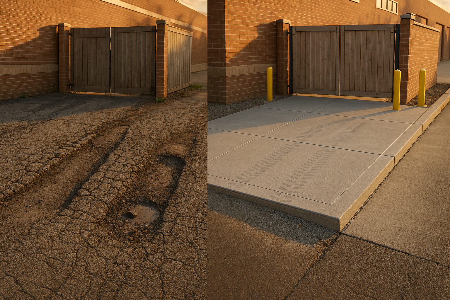 Wide comparison: rutted asphalt apron vs new reinforced concrete pad with broom finish, sawcuts, armored edge, bollards, warm light