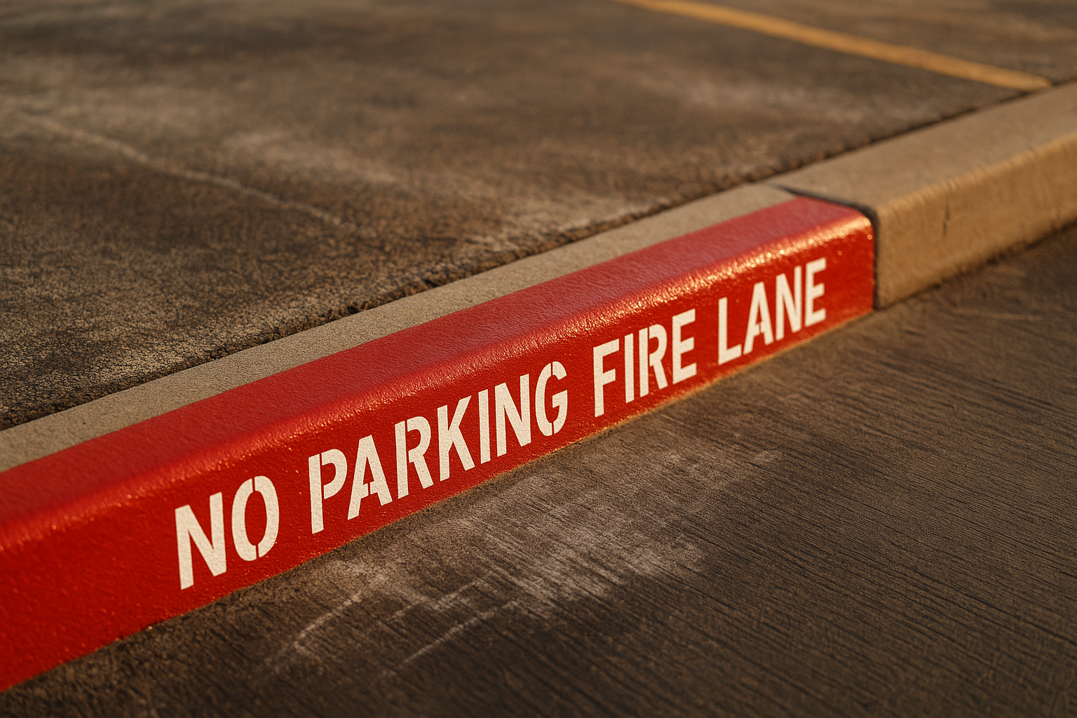 Close-up red concrete curb with white "NO PARKING FIRE LANE" stencil, warm golden-hour light, textured coating sheen.