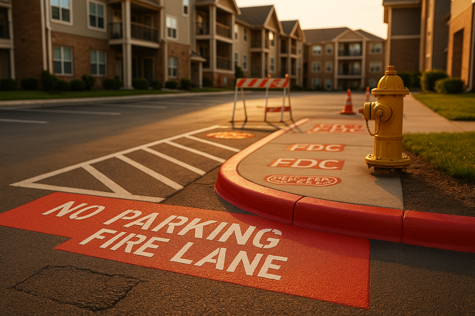 Wide-angle Indianapolis apartment lot at golden hour, crisp red fire-lane curb with 3-6" white stenciled letters, hydrant, hatch, warm light.