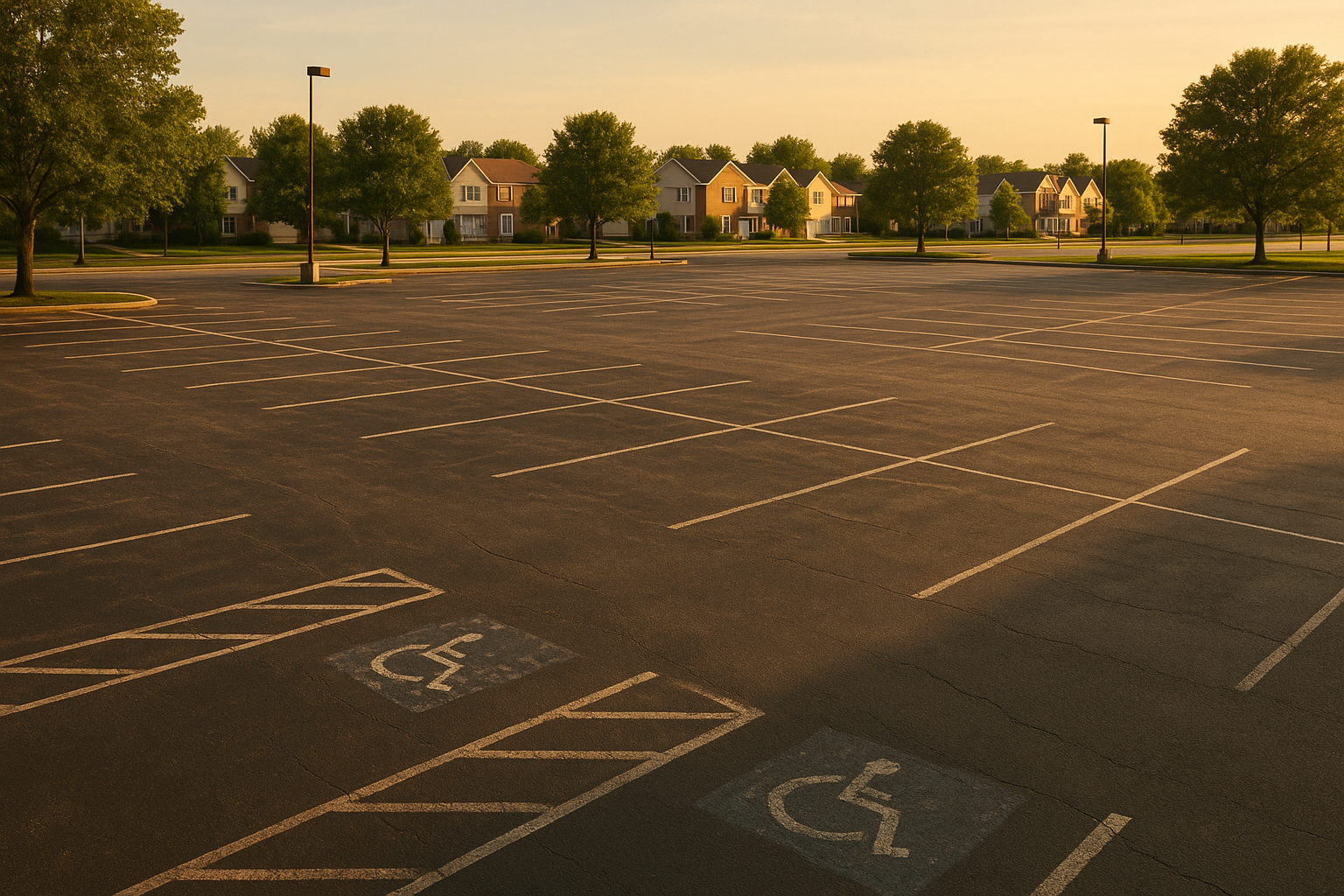 Wide-angle golden-hour suburban parking lot showing scraped and missing striping across stalls, crisp asphalt and tree-lined backdrop.