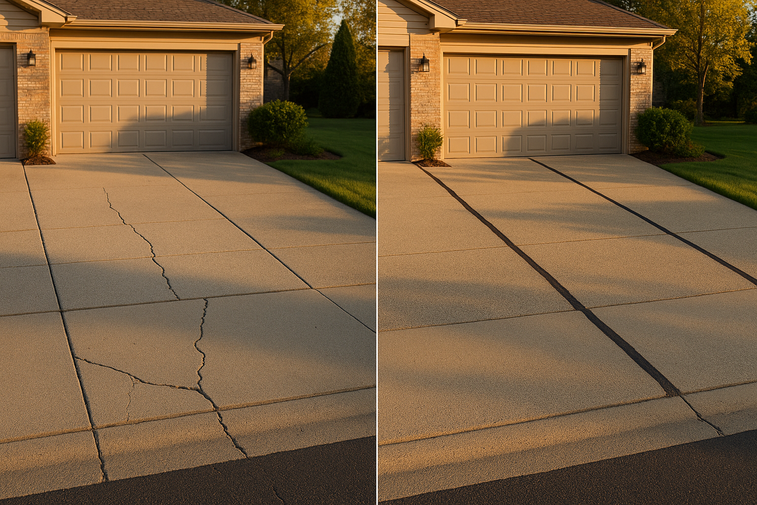 Wide split before-and-after driveway: open linear cracks left, flexible hot-pour sealed bands right, golden-hour suburban setting.