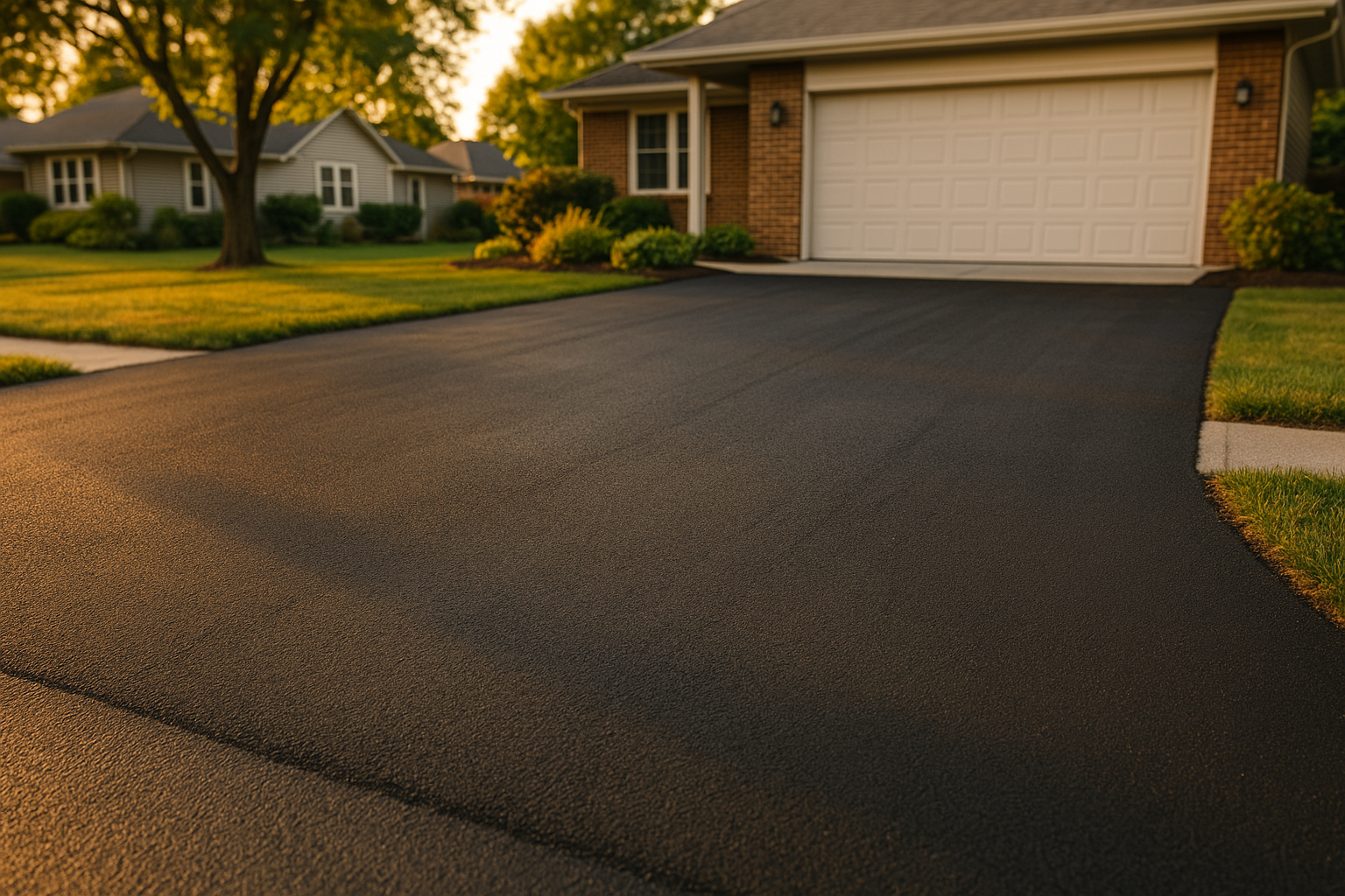 Freshly resurfaced 2-car driveway with smooth dark 1.5-2" asphalt overlay, warm golden hour, residential Indianapolis context.