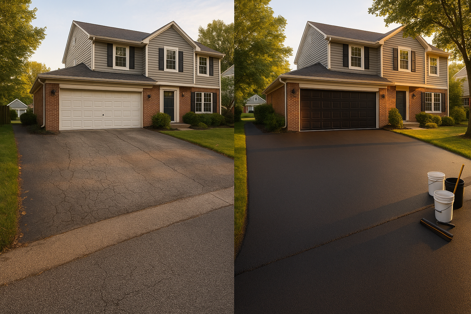 Split two-car asphalt driveway: oxidized cracked left side and jet-black sealed right side in warm golden light.