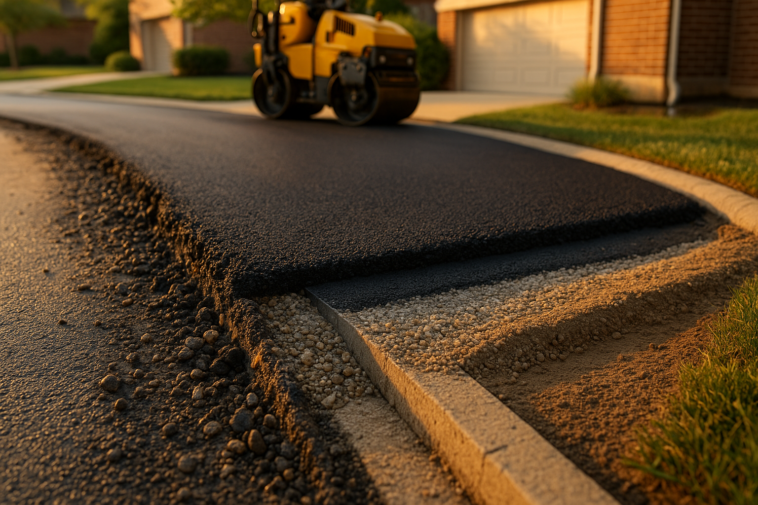 Angled full-depth driveway edge repair: jagged asphalt, sawcut, exposed compacted base, geotextile, fresh hot-mix, equipment, warm daylight.