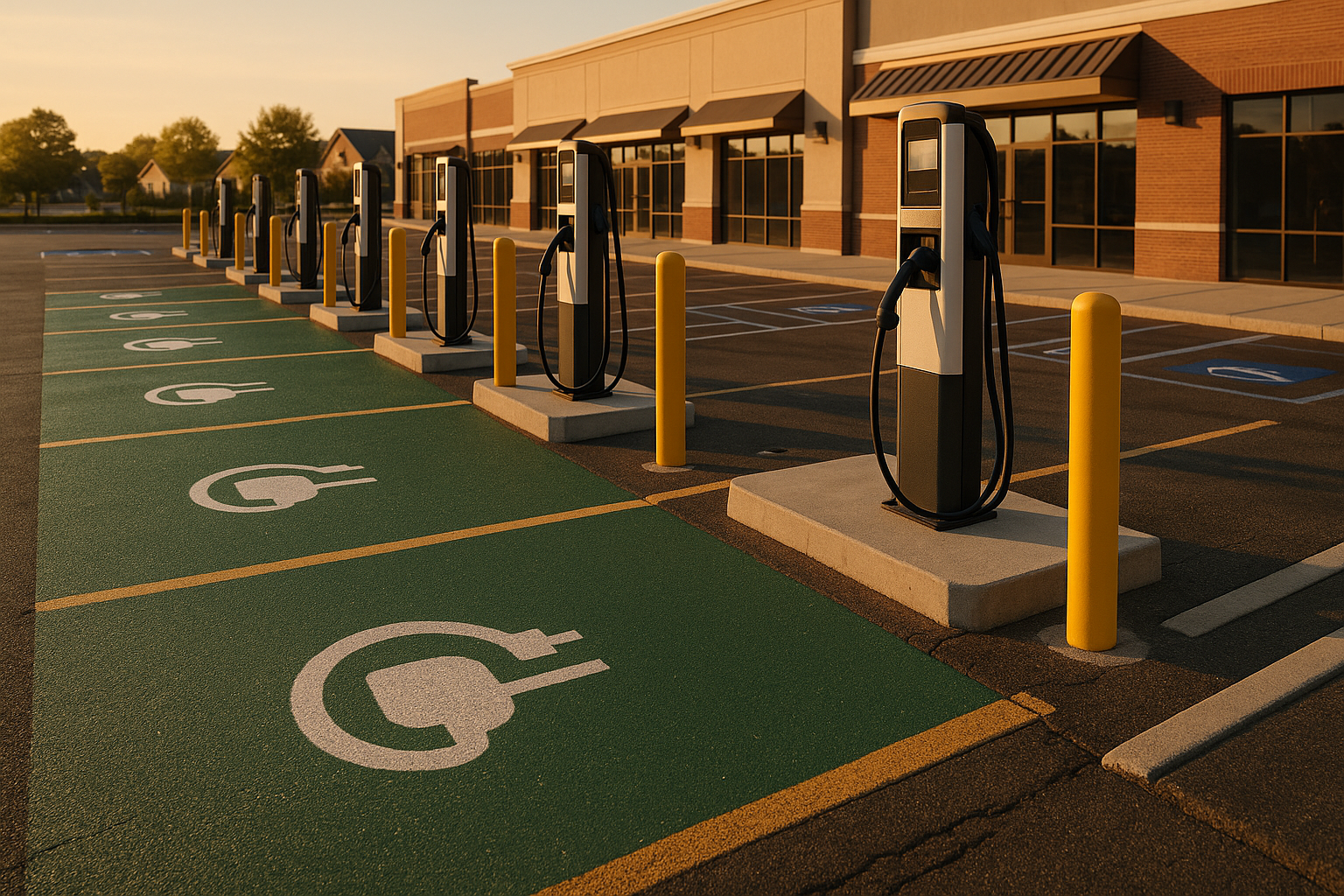 Golden-hour wide parking lot with row of EV chargers, green bays, bollards, concrete pads and trench patches, warm light.