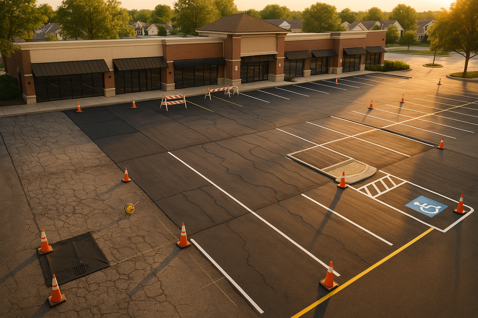 Aerial view of a phased suburban parking lot with cracks, patches, sealcoat, striping in warm daylight.
