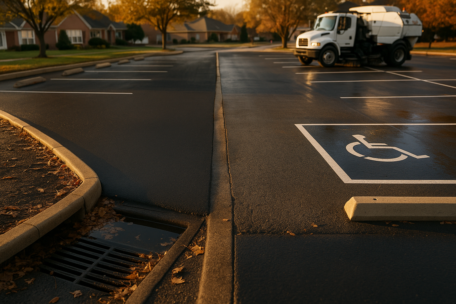 Golden-hour suburban parking lot showing split oxidized and fresh sealcoated asphalt, leaf-clogged inlet, vacuum truck, wheel stops, fresh striping.