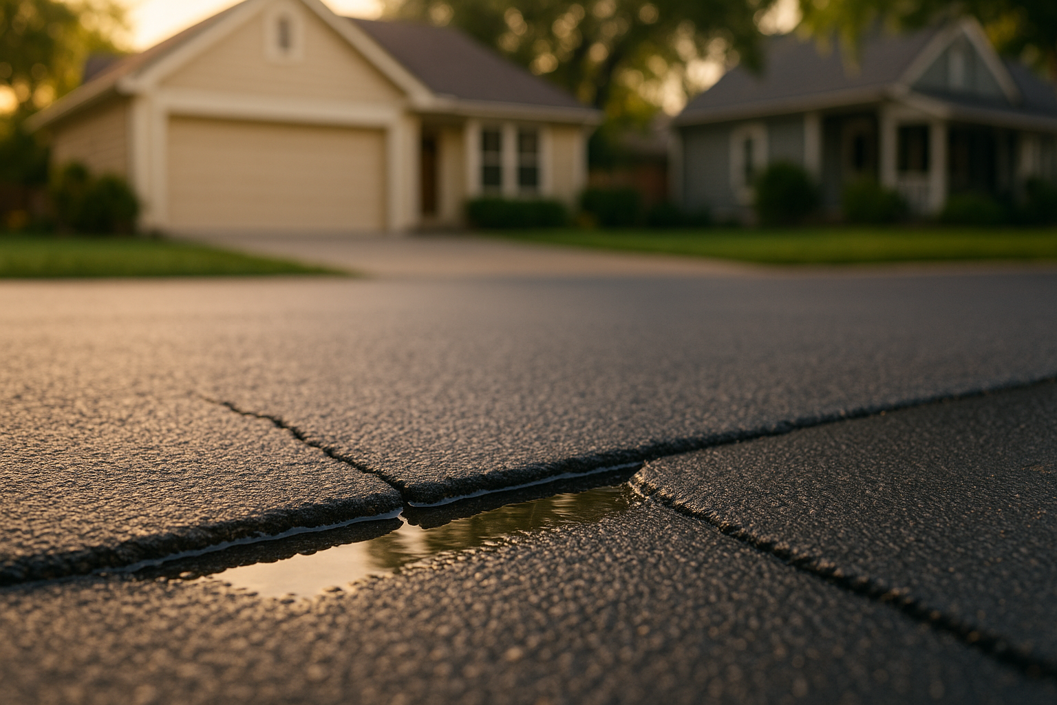 Close-up golden-hour driveway hairline transverse crack with pooled water and adjacent fresh black sealcoat, photorealistic suburban setting.