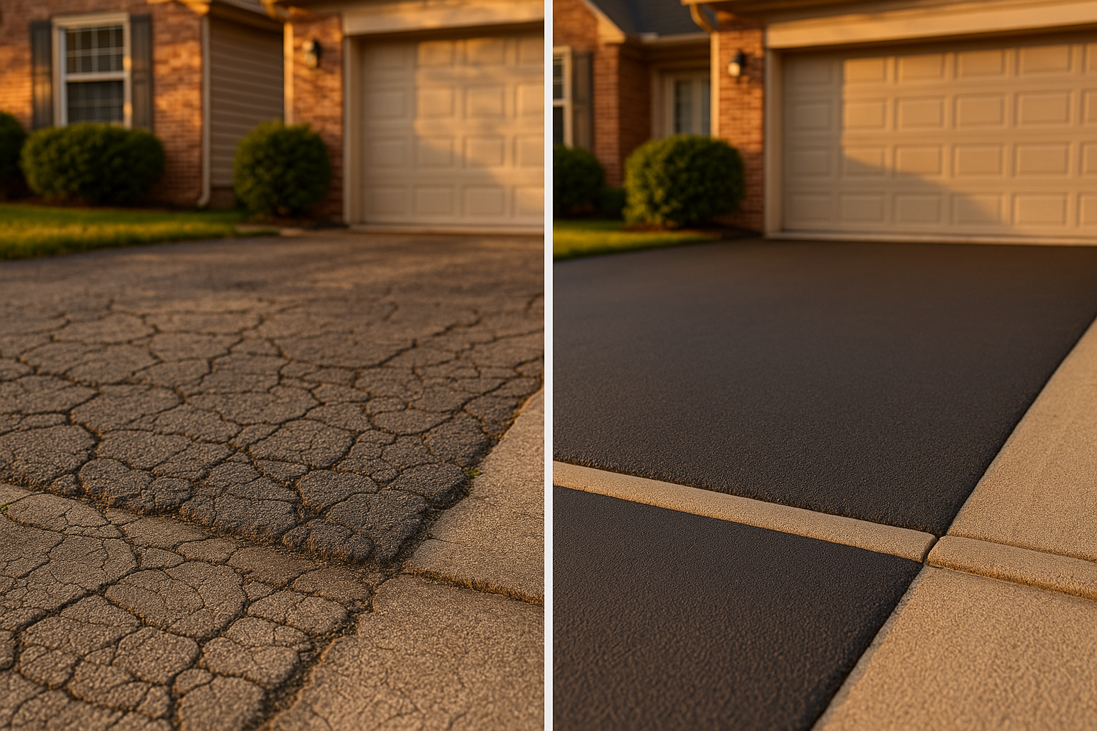 Split before-and-after driveway: cracked mossy asphalt left; smooth geotextile-overlay right, golden hour suburban Indianapolis context.