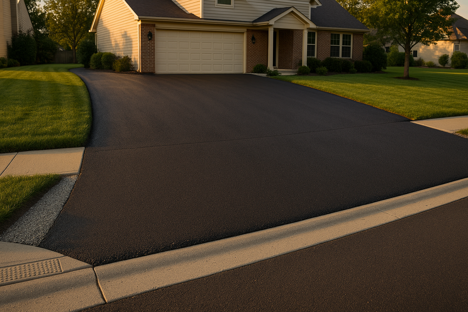 Golden-hour photoreal asphalt driveway with crown, crushed-stone shoulder, apron and sidewalk in suburban Indianapolis.