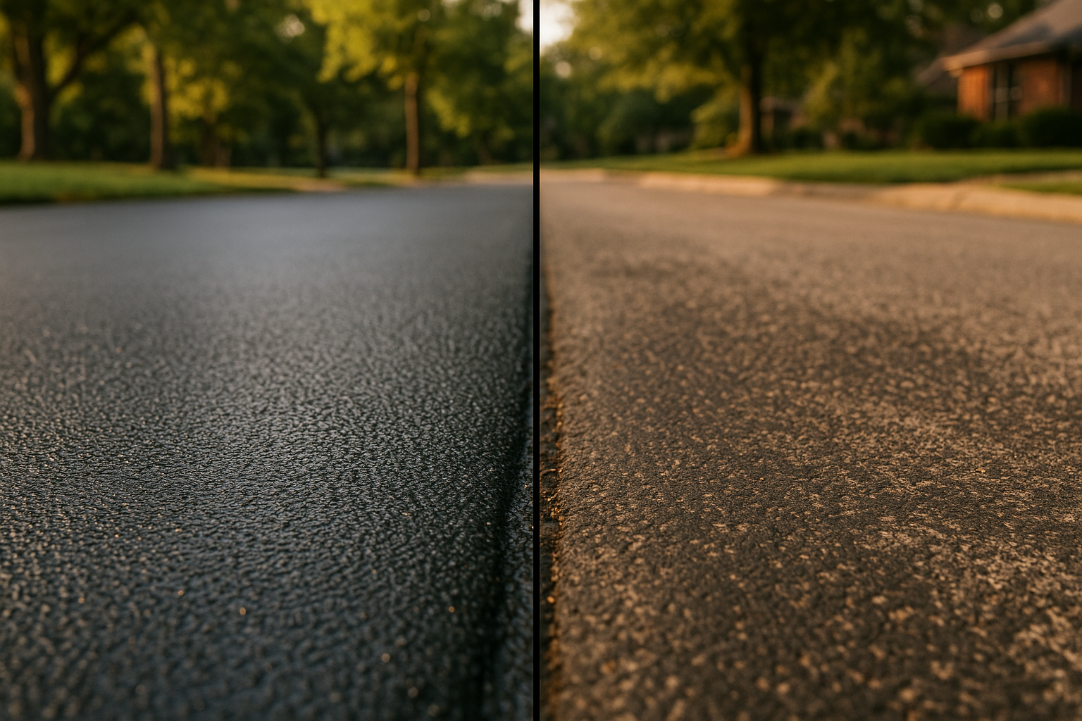 Split close-up of fresh two-coat black sealcoat vs worn gray patchy sealcoat on an Indy asphalt driveway in golden-hour light.