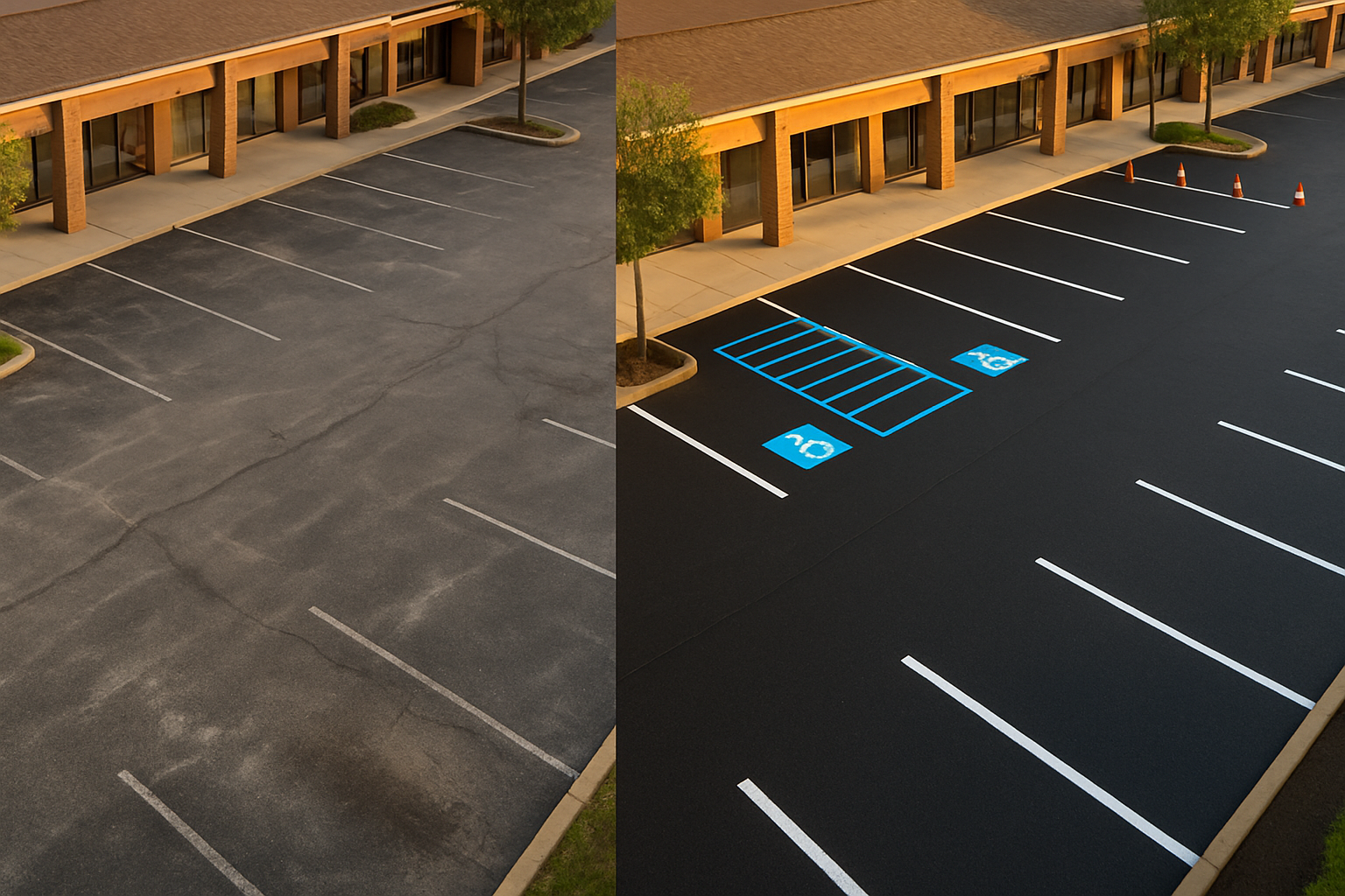 Aerial split-frame strip mall lot: faded stripes left, freshly restriped right, blue accessible aisle, DOT paint, golden-hour light.