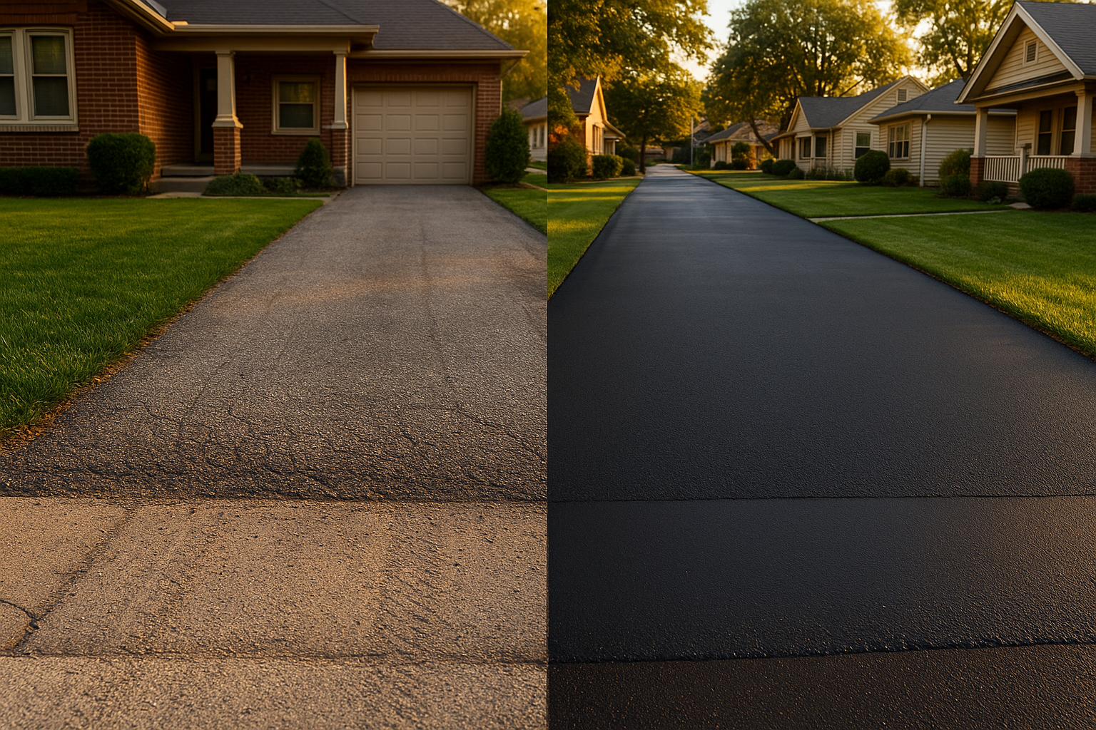 Split-view driveway: oxidized gray left and fresh black sealcoat right, curb and bungalow in warm golden hour.