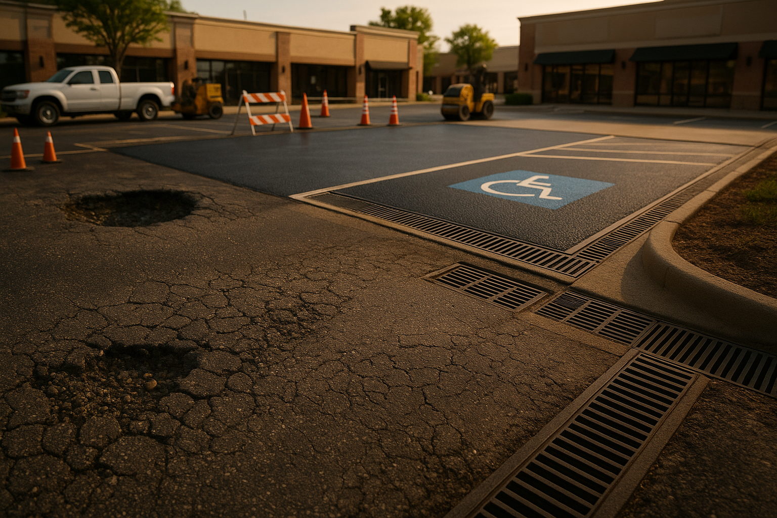 Wide Indianapolis parking lot at golden hour showing asphalt cracking, pothole, sealcoat bay, thermoplastic stripes, drainage, cones, and parked equipment.