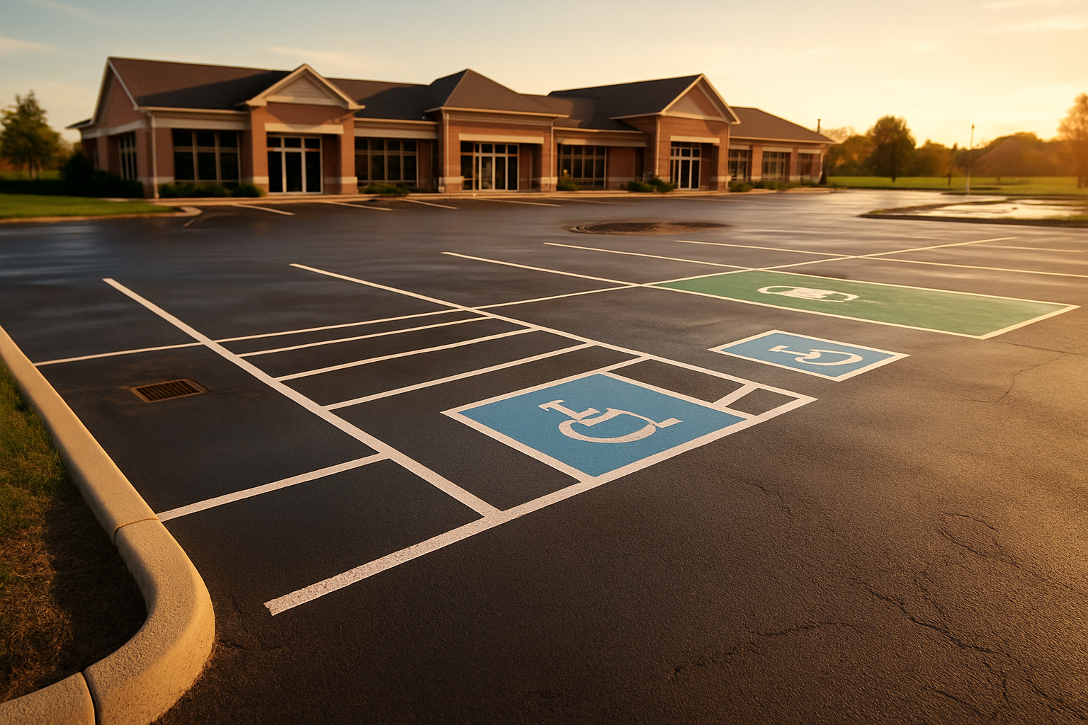 Wide-angle suburban retail parking lot, warm golden hour, clear striping, ADA and EV stall, visible catch basin and asphalt textures.