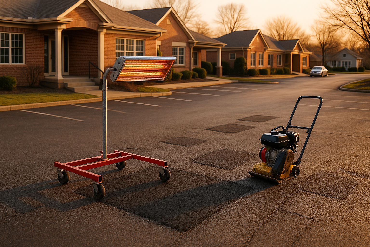 Golden-hour parking lot with infrared heater over repaired asphalt patch, compact plate nearby, smooth thermally blended surfaces.