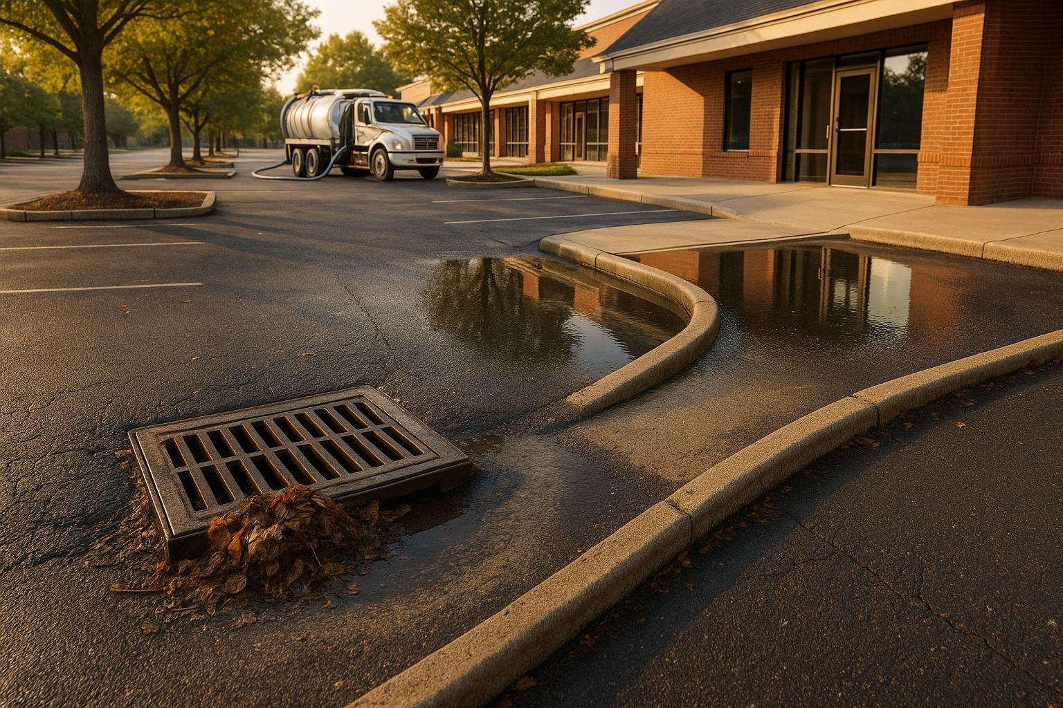 Wide golden-hour parking lot with clogged catch basin, pooled water, algae ring, oily sheen, vacuum truck, ADA ramp.