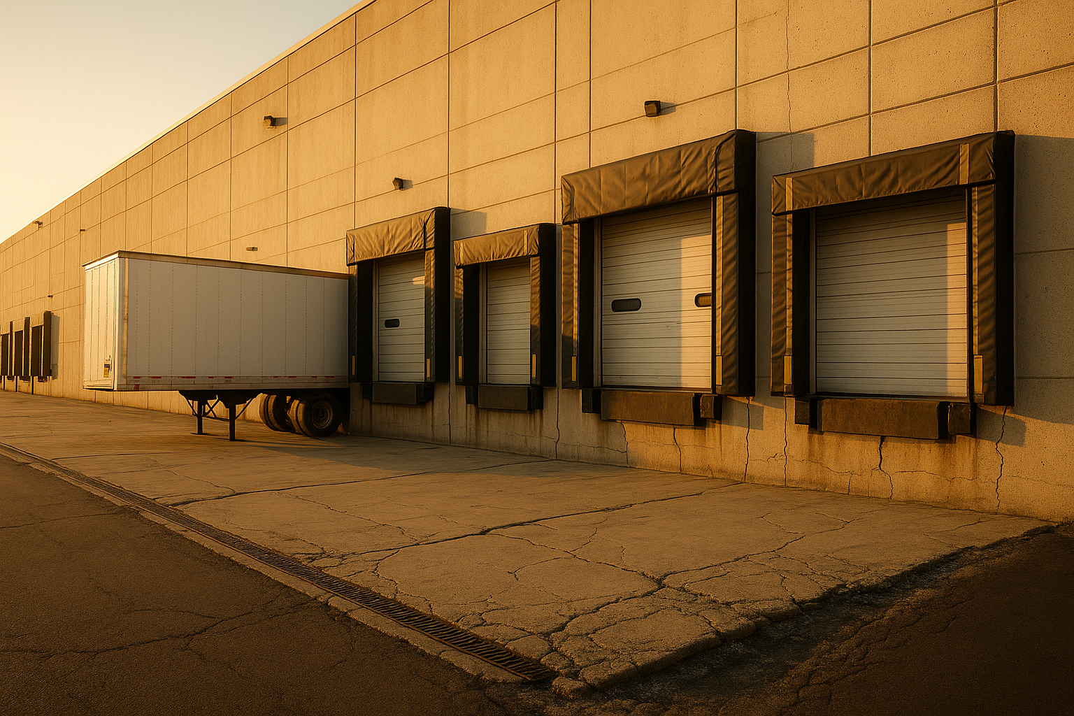 Golden-hour wide shot of cracked warehouse loading dock with semi trailer, visible joints, trench drain, asphalt approach.
