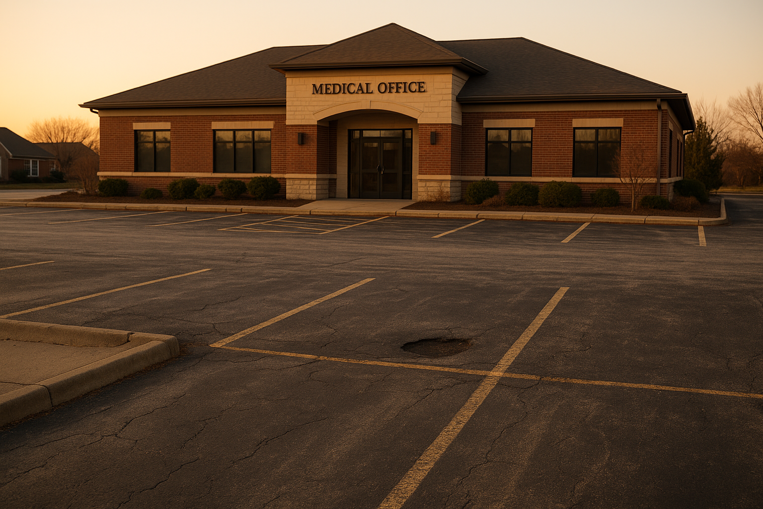 Wide golden-hour exterior of Indianapolis clinic parking with faded striping, pothole, worn asphalt, and warm natural light.