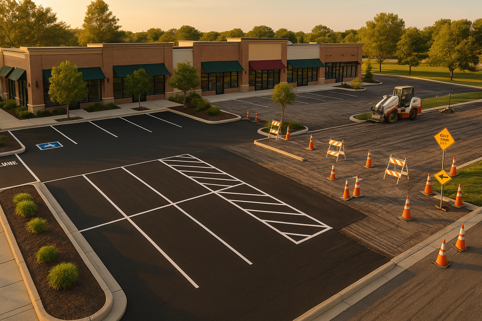 Aerial view of phased strip mall repave: one side finished, one side prepped; warm golden hour, machines and cones, no people.