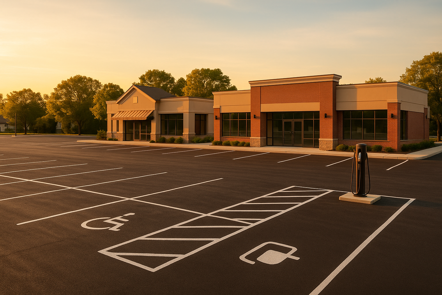 Wide golden-hour strip mall lot with fresh warm-mix asphalt, roller impressions, crisp ADA/EV striping, café facades, tree line.