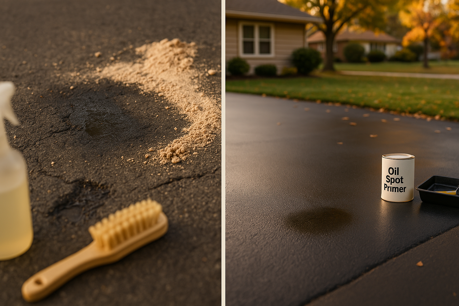 Split driveway: left oily stained asphalt with clay litter, right clean sealed asphalt reflecting golden-hour light, suburban lawn.